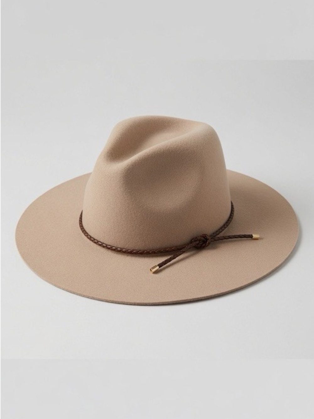 Massimo Dutti Tan Wide-Brim Felt Fedora with Braided Band